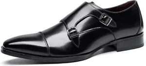 Men's Double Monk Mouth Cap Toe Formal Business Loafers Casual Comfort Leather Pull-On Formal Dress Shoes