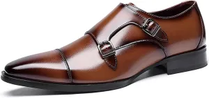 Men's Double Monk Mouth Cap Toe Formal Business Loafers Casual Comfort Leather Pull-On Formal Dress Shoes