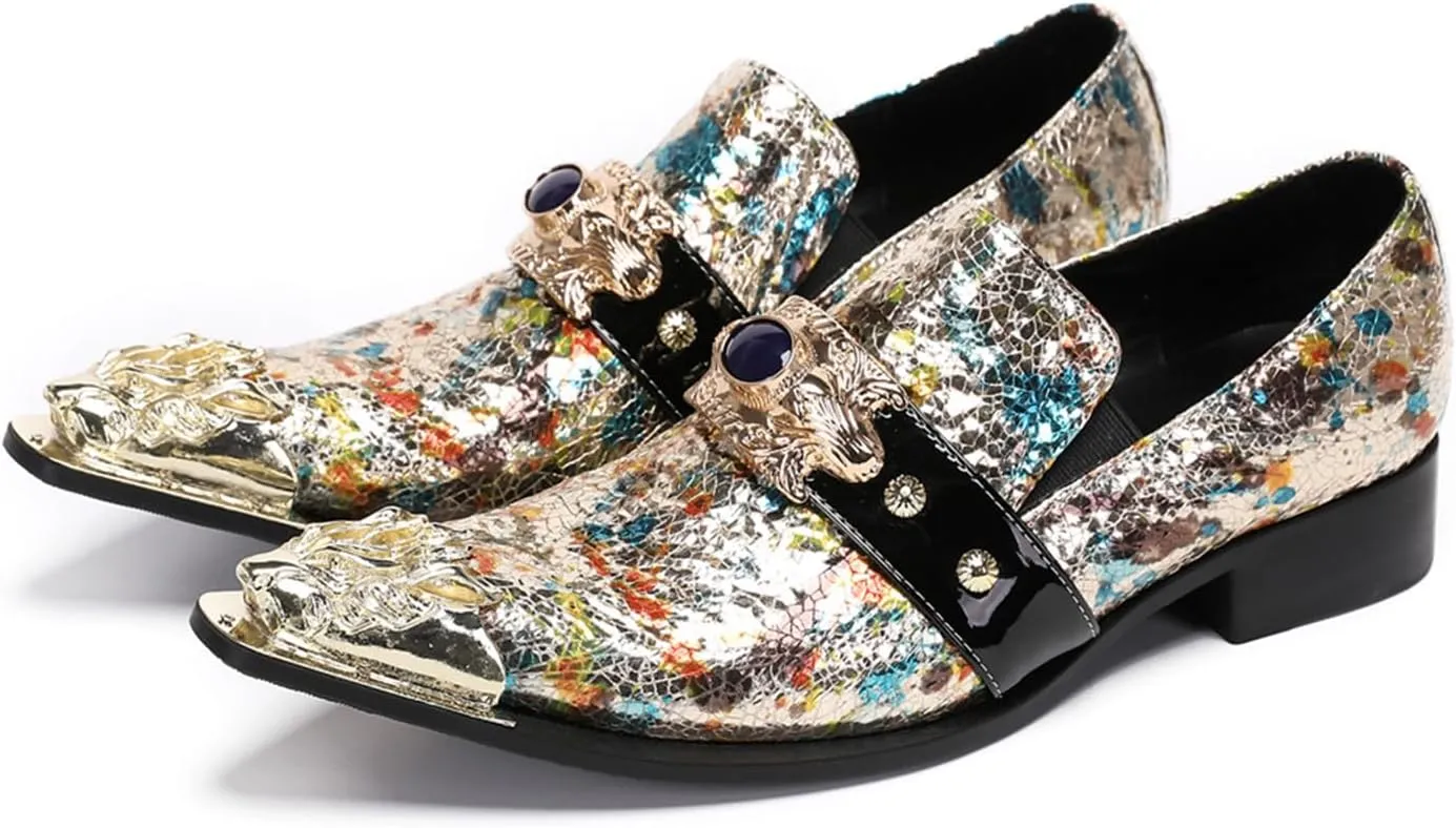 Mens Dress Shoes, Cowhide Brogues Vintage Loafers Plus Size Slip on Casual Business Low Top Metal Toe Breathable Genuine Leather Shoes