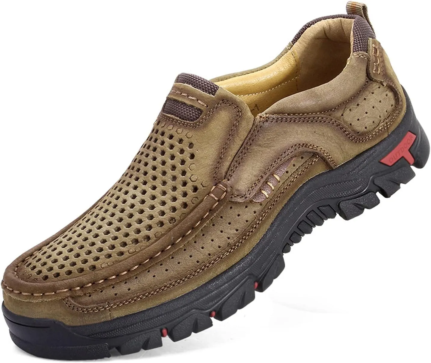 Men's Genuine Leather Hand Stitched Slip On Ankle Loafers,Vintage Non-Slip Arch Support Outdoor Hiking Driving Shoes