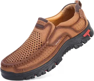 Men's Genuine Leather Hand Stitched Slip On Ankle Loafers,Vintage Non-Slip Arch Support Outdoor Hiking Driving Shoes