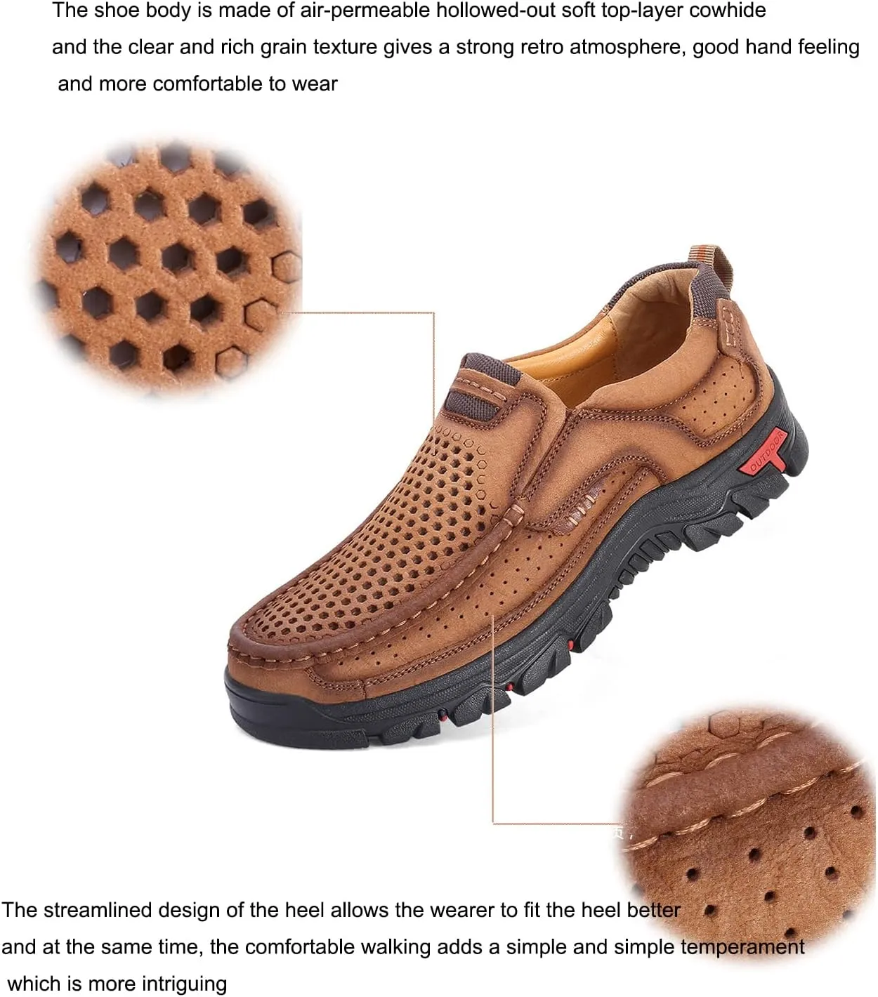 Men's Genuine Leather Hand Stitched Slip On Ankle Loafers,Vintage Non-Slip Arch Support Outdoor Hiking Driving Shoes