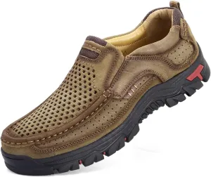 Men's Genuine Leather Hand Stitched Slip On Ankle Loafers,Vintage Non-Slip Arch Support Outdoor Hiking Driving Shoes