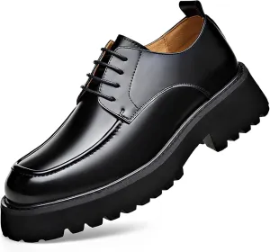 Men's Genuine Leather Platform Slip-On Oxfords Comfortable Round Toe Chunky Heightening Lace Up Loafers Non Slip Lug Sole Casual Business Work Formal Shoes