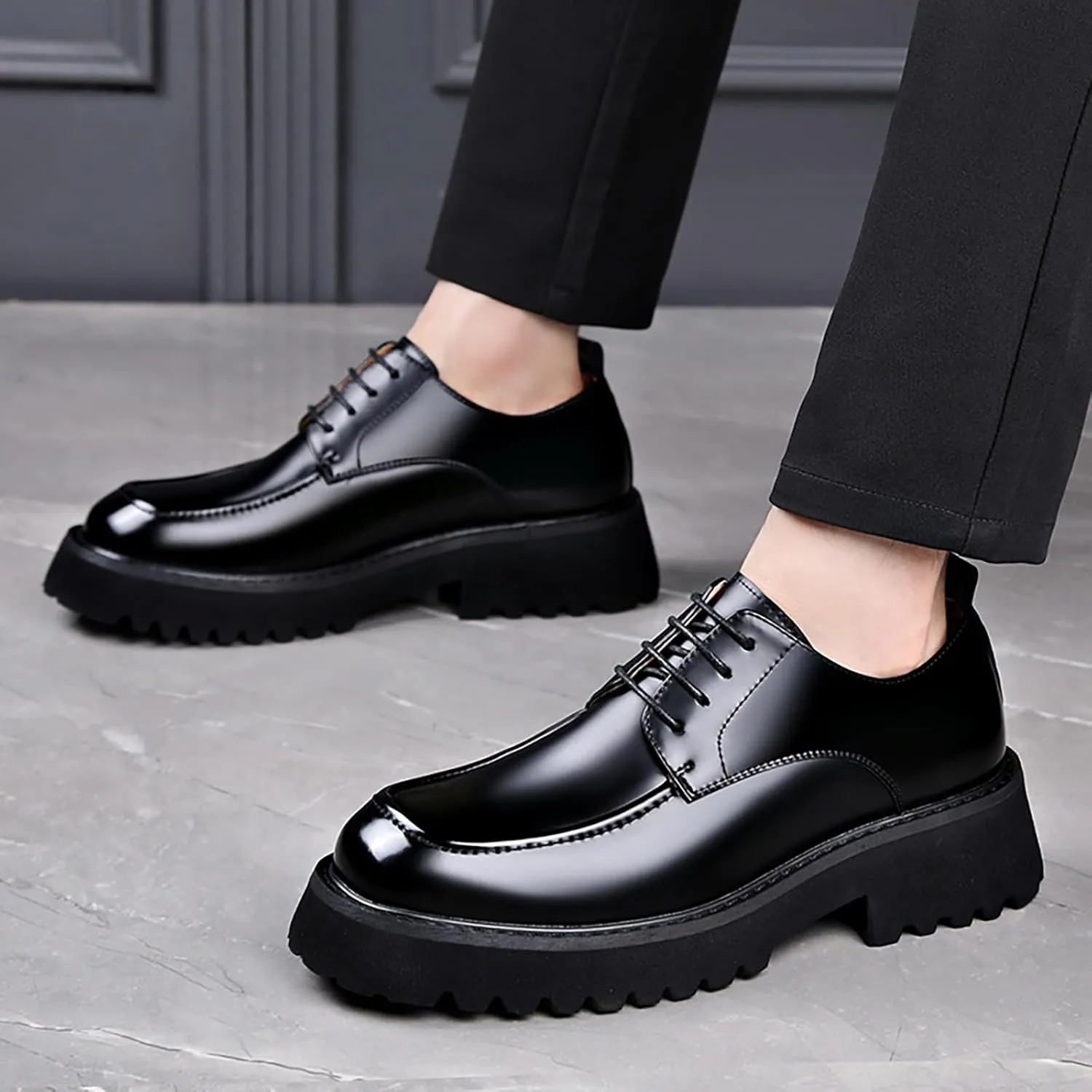 Men's Genuine Leather Platform Slip-On Oxfords Comfortable Round Toe Chunky Heightening Lace Up Loafers Non Slip Lug Sole Casual Business Work Formal Shoes