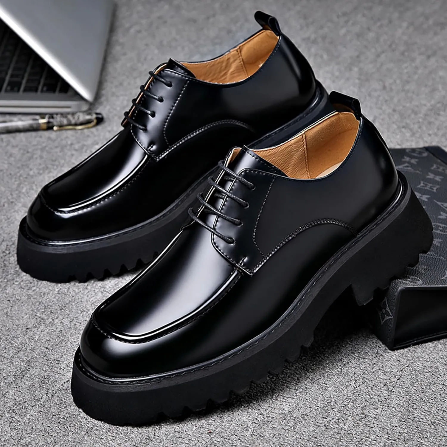 Men's Genuine Leather Platform Slip-On Oxfords Comfortable Round Toe Chunky Heightening Lace Up Loafers Non Slip Lug Sole Casual Business Work Formal Shoes
