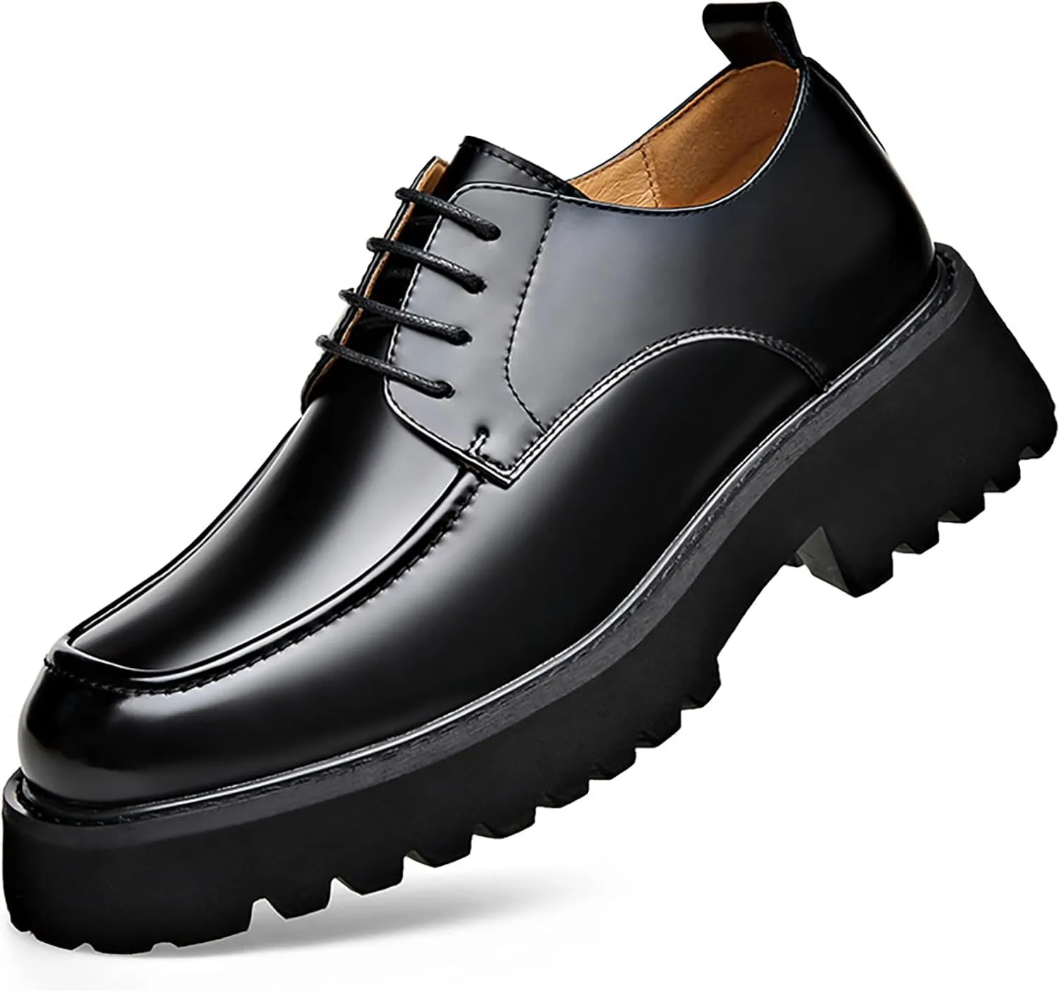 Men's Genuine Leather Platform Slip-On Oxfords Comfortable Round Toe Chunky Heightening Lace Up Loafers Non Slip Lug Sole Casual Business Work Formal Shoes