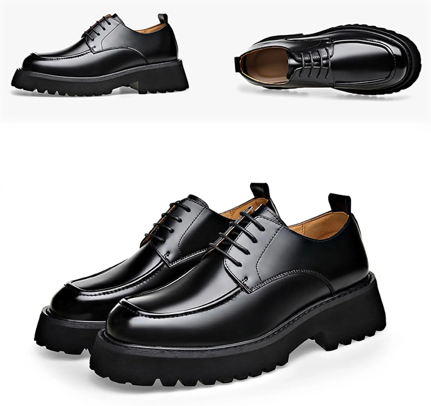 Men's Genuine Leather Platform Slip-On Oxfords Comfortable Round Toe Chunky Heightening Lace Up Loafers Non Slip Lug Sole Casual Business Work Formal Shoes