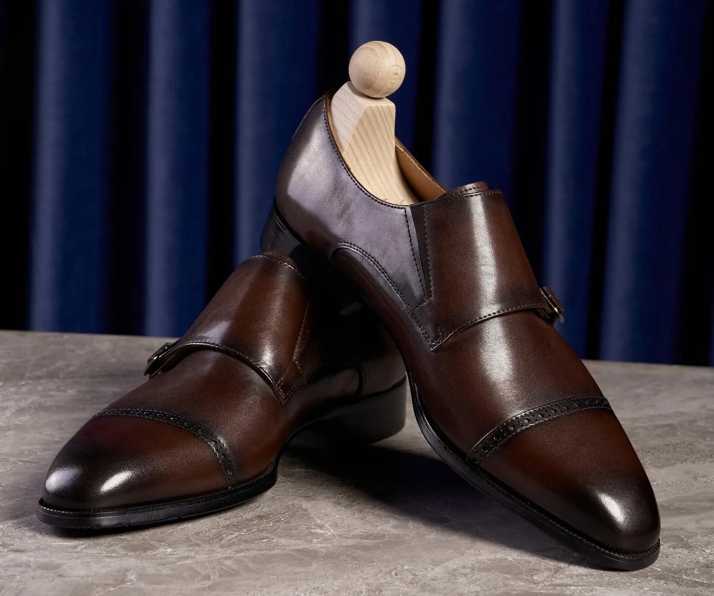 Men's Leather Monk Strap Dress Shoes, Blake Stitched, Black Genuine Cowhide Loafers,Prom Wedding Business Mocasines Tuxedo Shoes for Men