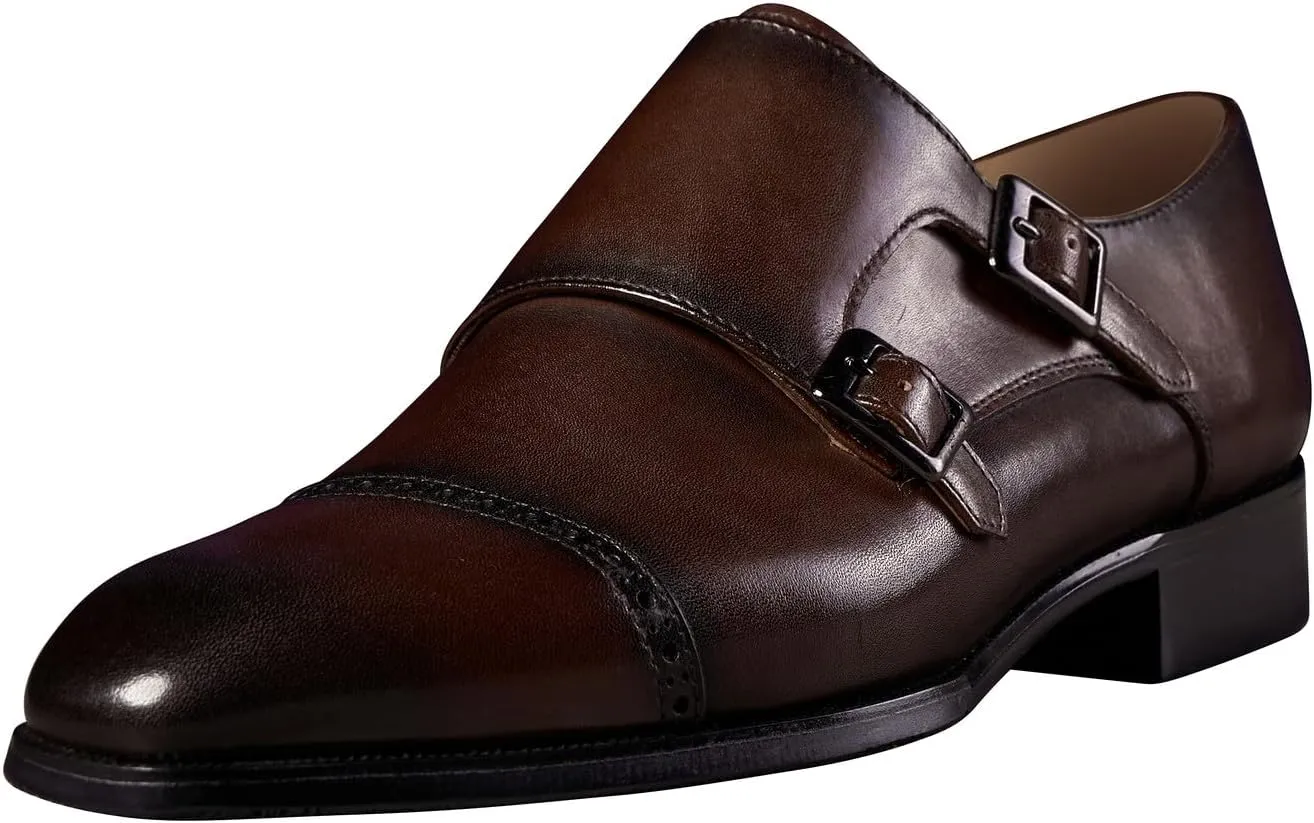 Men's Leather Monk Strap Dress Shoes, Blake Stitched, Black Genuine Cowhide Loafers,Prom Wedding Business Mocasines Tuxedo Shoes for Men