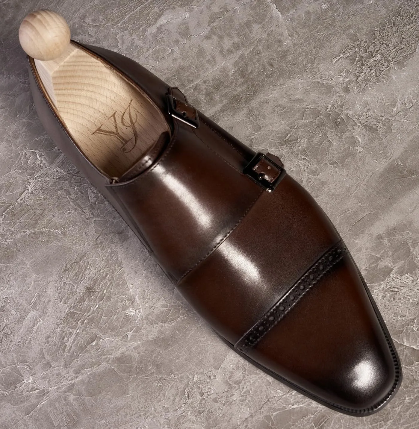 Men's Leather Monk Strap Dress Shoes, Blake Stitched, Black Genuine Cowhide Loafers,Prom Wedding Business Mocasines Tuxedo Shoes for Men