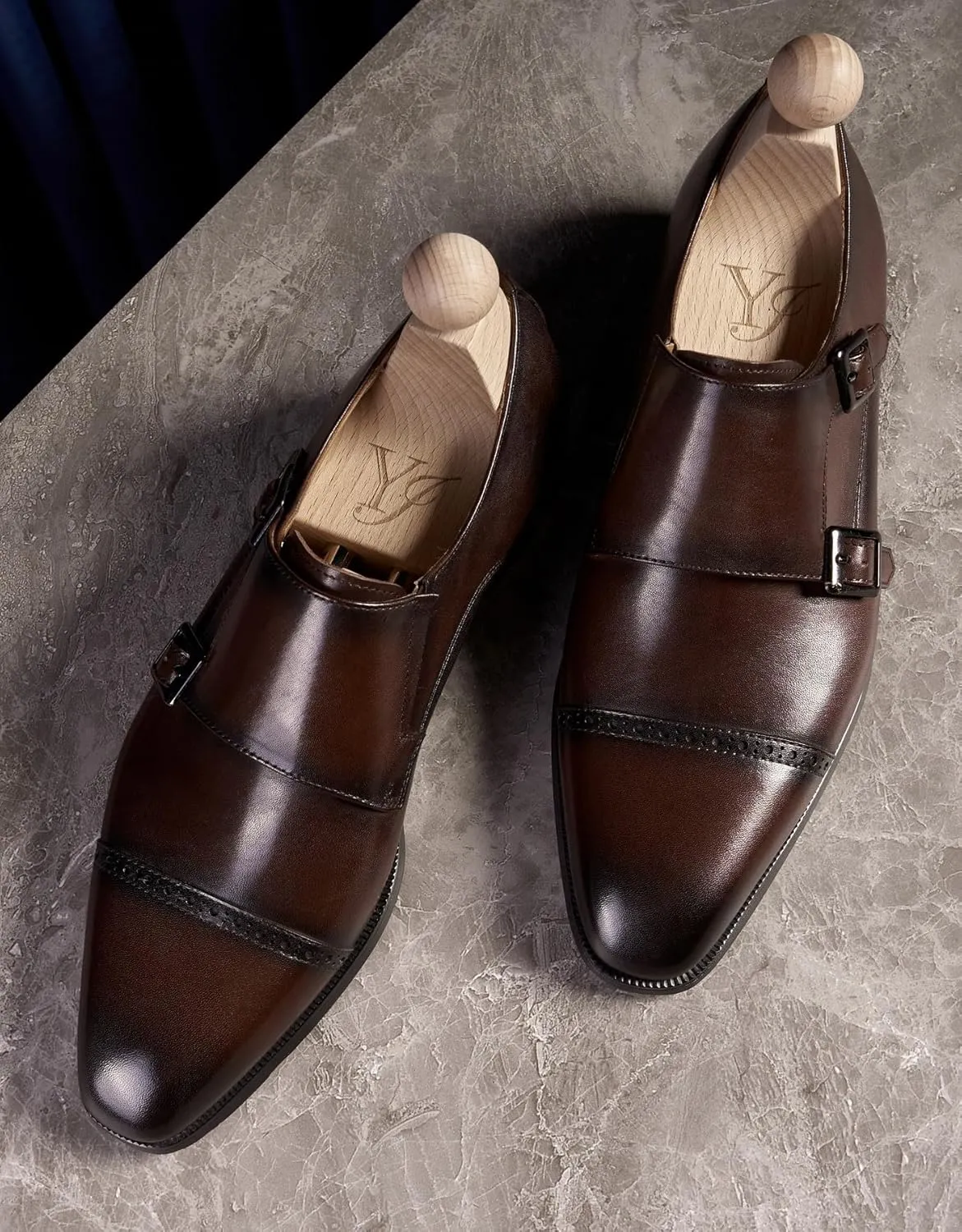 Men's Leather Monk Strap Dress Shoes, Blake Stitched, Black Genuine Cowhide Loafers,Prom Wedding Business Mocasines Tuxedo Shoes for Men