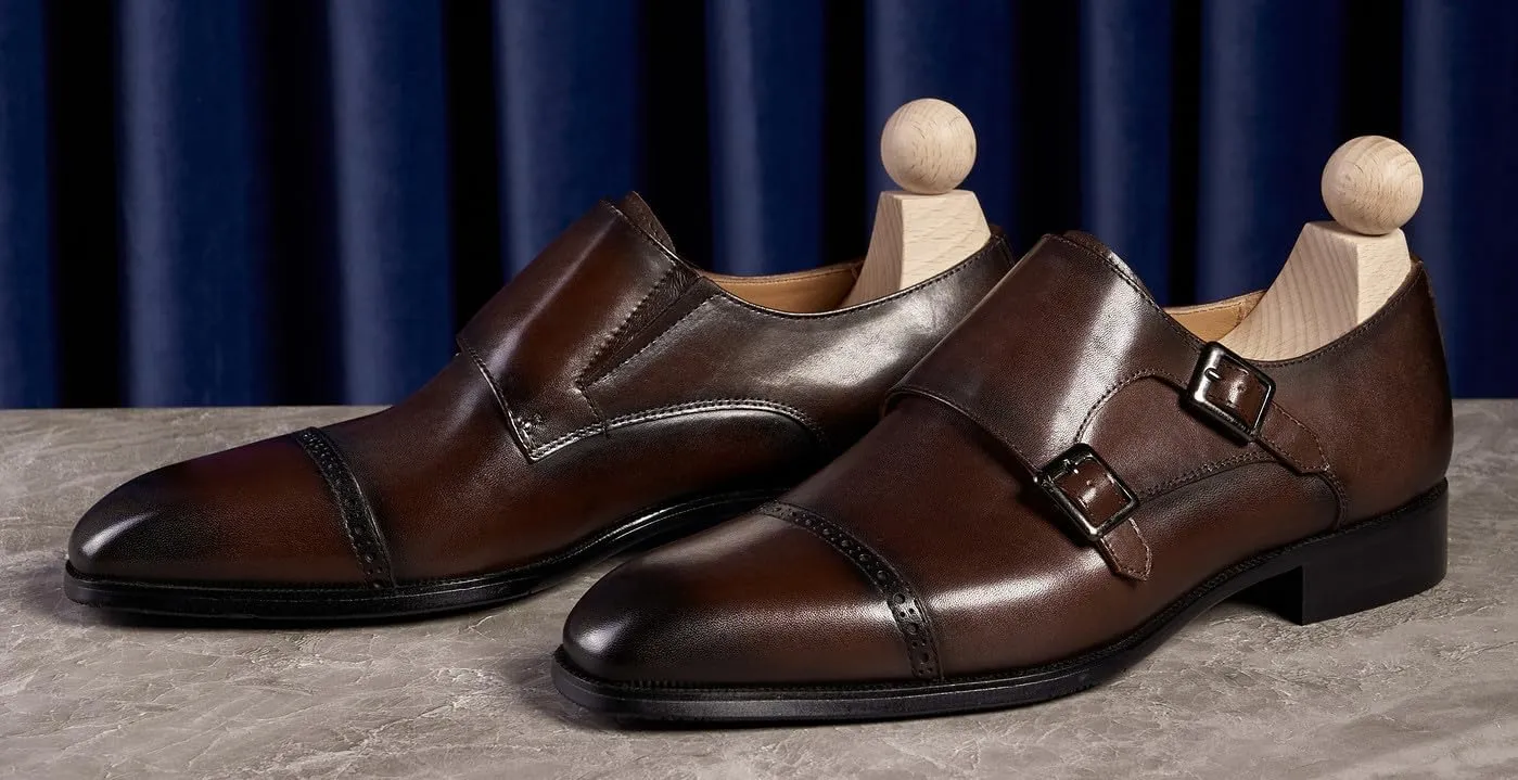 Men's Leather Monk Strap Dress Shoes, Blake Stitched, Black Genuine Cowhide Loafers,Prom Wedding Business Mocasines Tuxedo Shoes for Men
