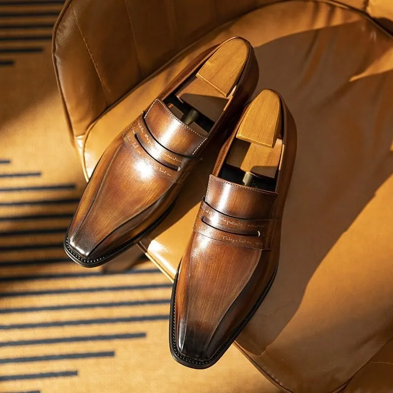 Men's Leather Shoes Square Toe Low Top Shoes Casual Business Wedding Shoes True to Size Clear Texture Loafers Rubber Sole Shock Absorption