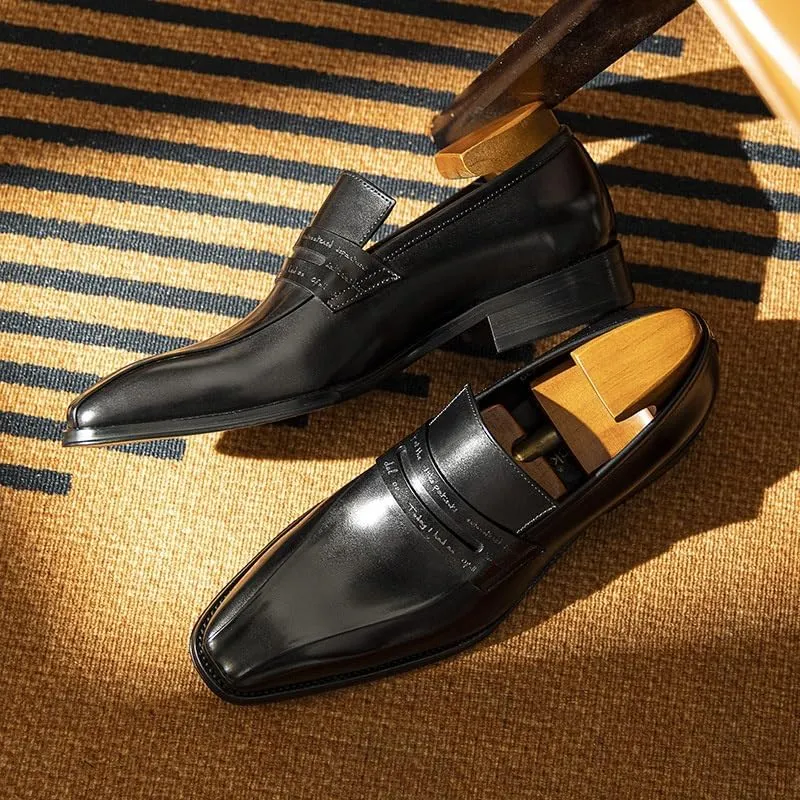 Men's Leather Shoes Square Toe Low Top Shoes Casual Business Wedding Shoes True to Size Clear Texture Loafers Rubber Sole Shock Absorption