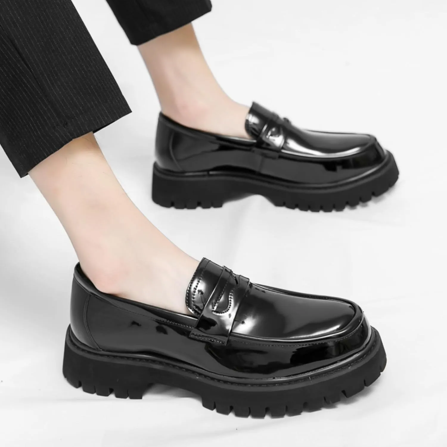 Mens Leather Slip-On Platform Dress Penny Loafers Non-Slip Low Top Round Toe Chunky Shoes for Business Casual Dress Prom Party