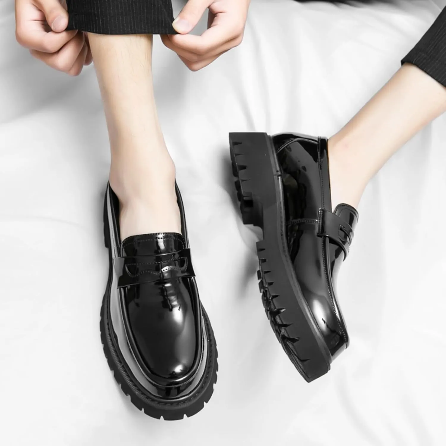 Mens Leather Slip-On Platform Dress Penny Loafers Non-Slip Low Top Round Toe Chunky Shoes for Business Casual Dress Prom Party
