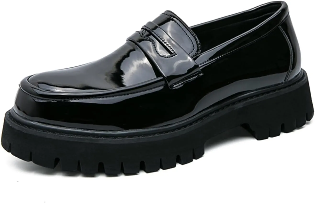 Mens Leather Slip-On Platform Dress Penny Loafers Non-Slip Low Top Round Toe Chunky Shoes for Business Casual Dress Prom Party