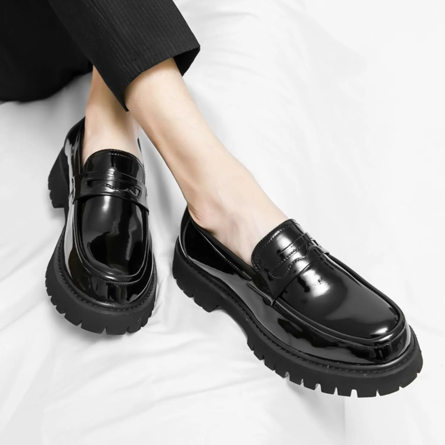 Mens Leather Slip-On Platform Dress Penny Loafers Non-Slip Low Top Round Toe Chunky Shoes for Business Casual Dress Prom Party