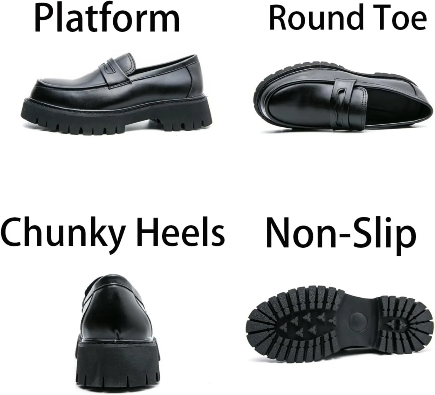 Mens Leather Slip-On Platform Dress Penny Loafers Non-Slip Low Top Round Toe Chunky Shoes for Business Casual Dress Prom Party