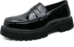 Mens Leather Slip-On Platform Dress Penny Loafers Non-Slip Low Top Round Toe Chunky Shoes for Business Casual Dress Prom Party