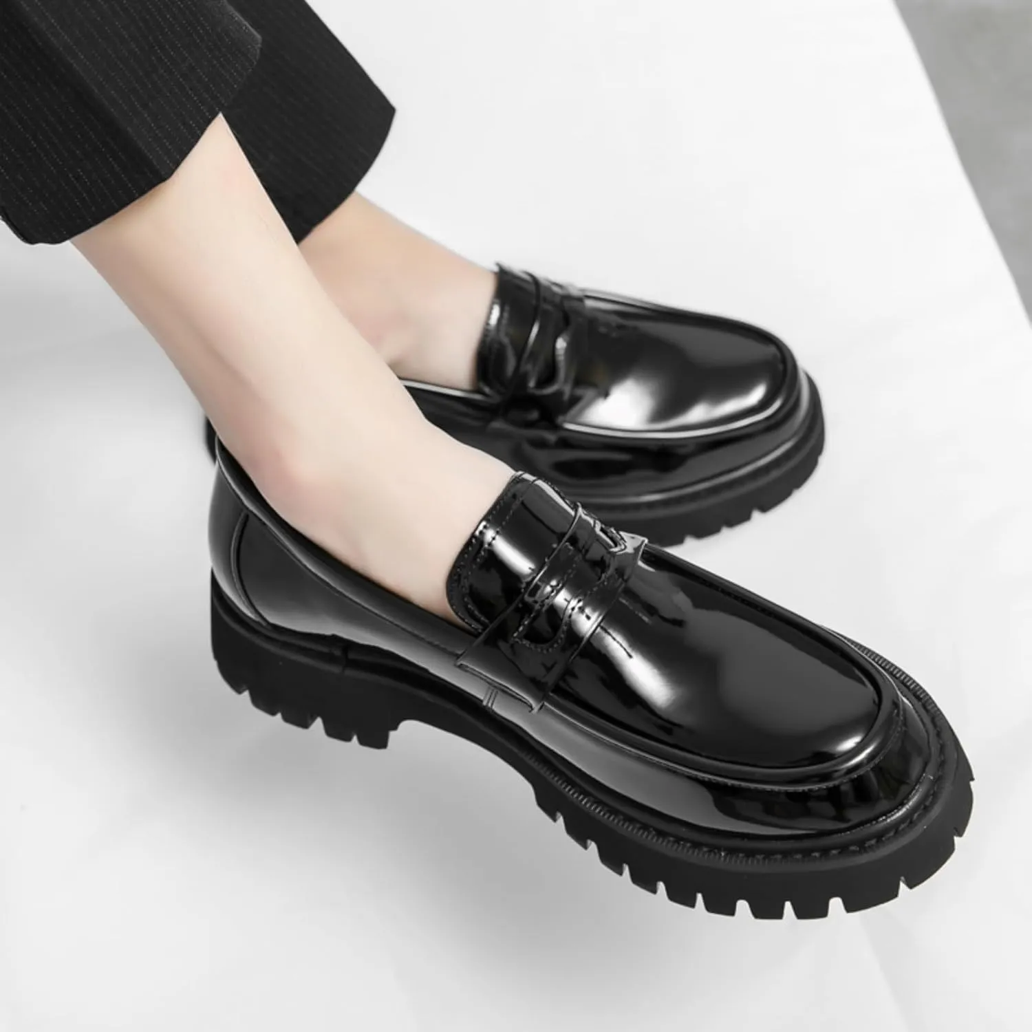 Mens Leather Slip-On Platform Dress Penny Loafers Non-Slip Low Top Round Toe Chunky Shoes for Business Casual Dress Prom Party