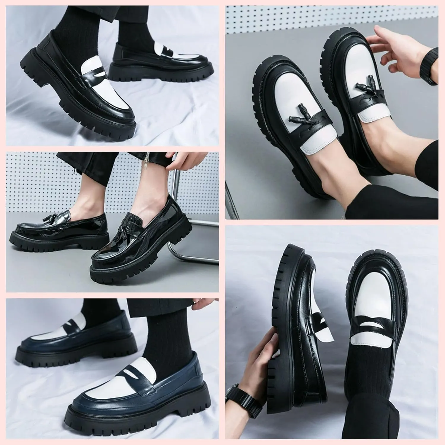 Mens Leather Slip-On Platform Dress Tassels Loafers Non-Slip Low Top Round Toe Chunky Penny Shoes Fashion for Business Casual Dress Prom Party