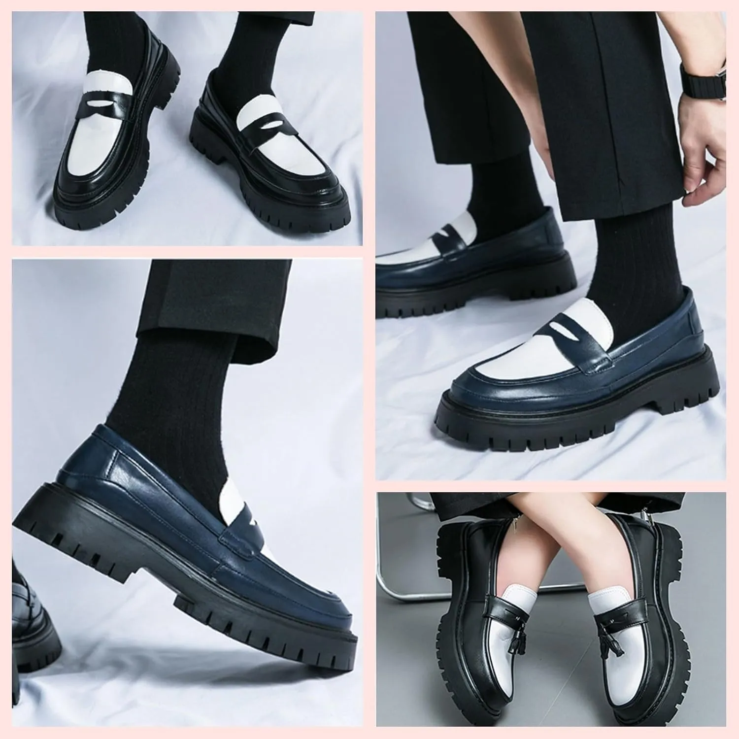 Mens Leather Slip-On Platform Dress Tassels Loafers Non-Slip Low Top Round Toe Chunky Penny Shoes Fashion for Business Casual Dress Prom Party