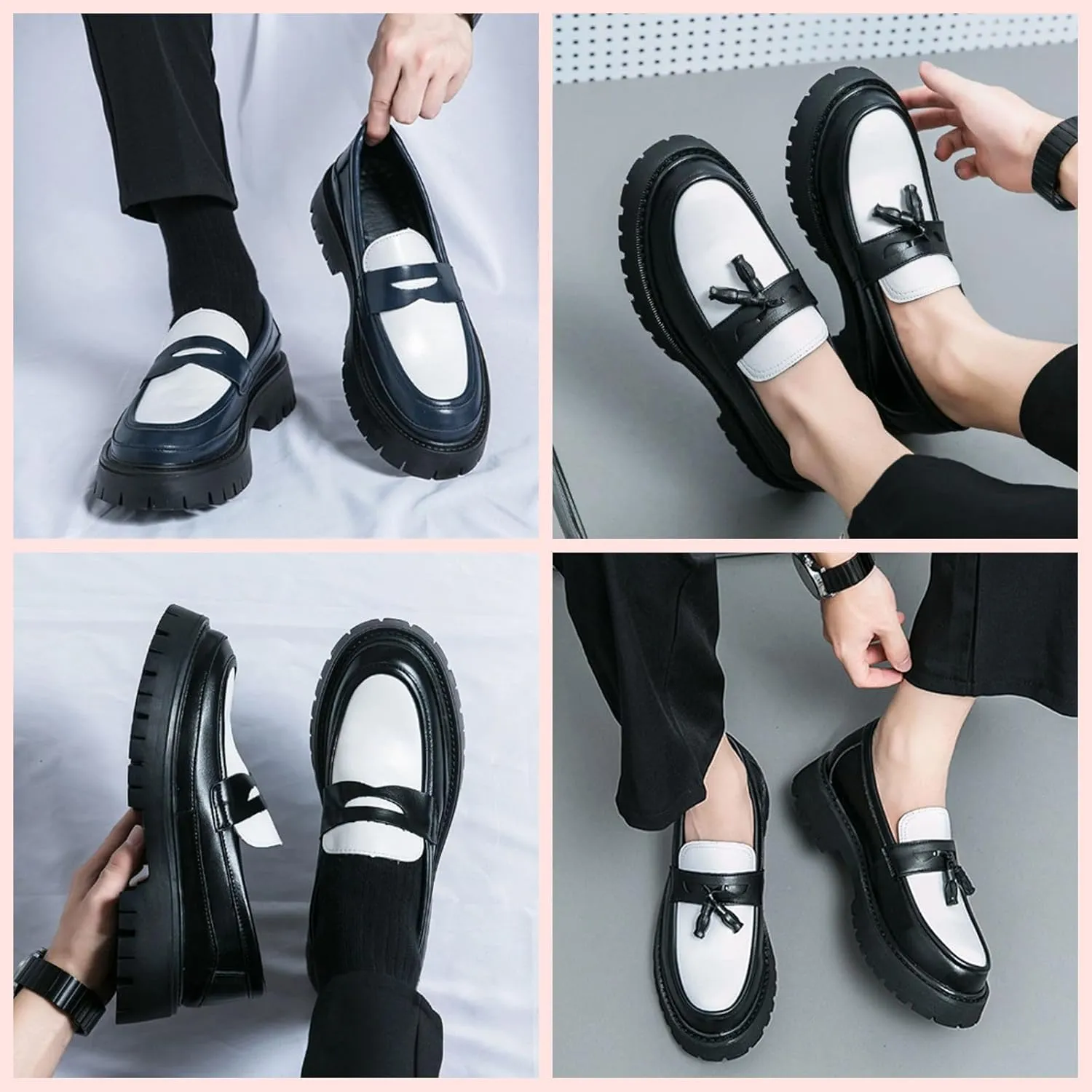 Mens Leather Slip-On Platform Dress Tassels Loafers Non-Slip Low Top Round Toe Chunky Penny Shoes Fashion for Business Casual Dress Prom Party