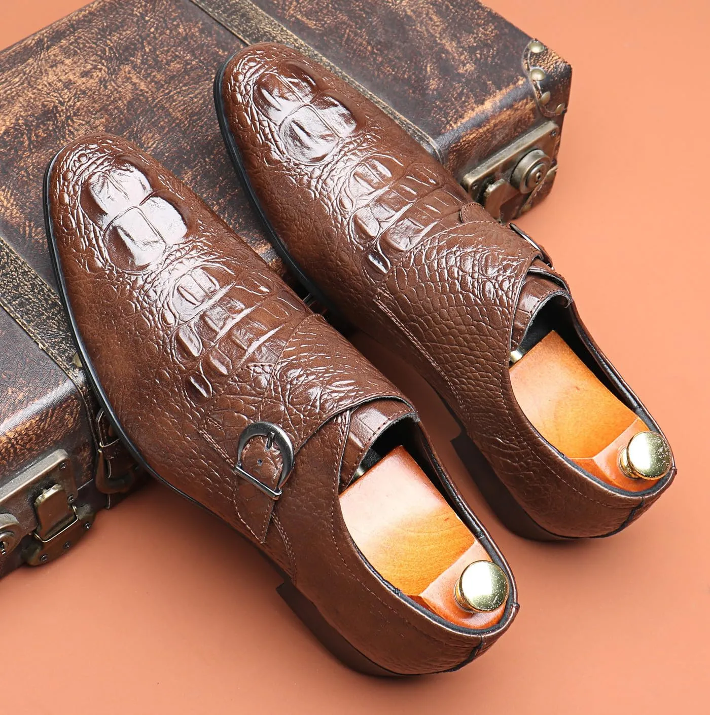 Mens Loafers Casual Dress Leather Buckle Loafers Prom Wedding Fashion Crocodile Skin Texture Moccasins Business Tuxedo Shoes for Men
