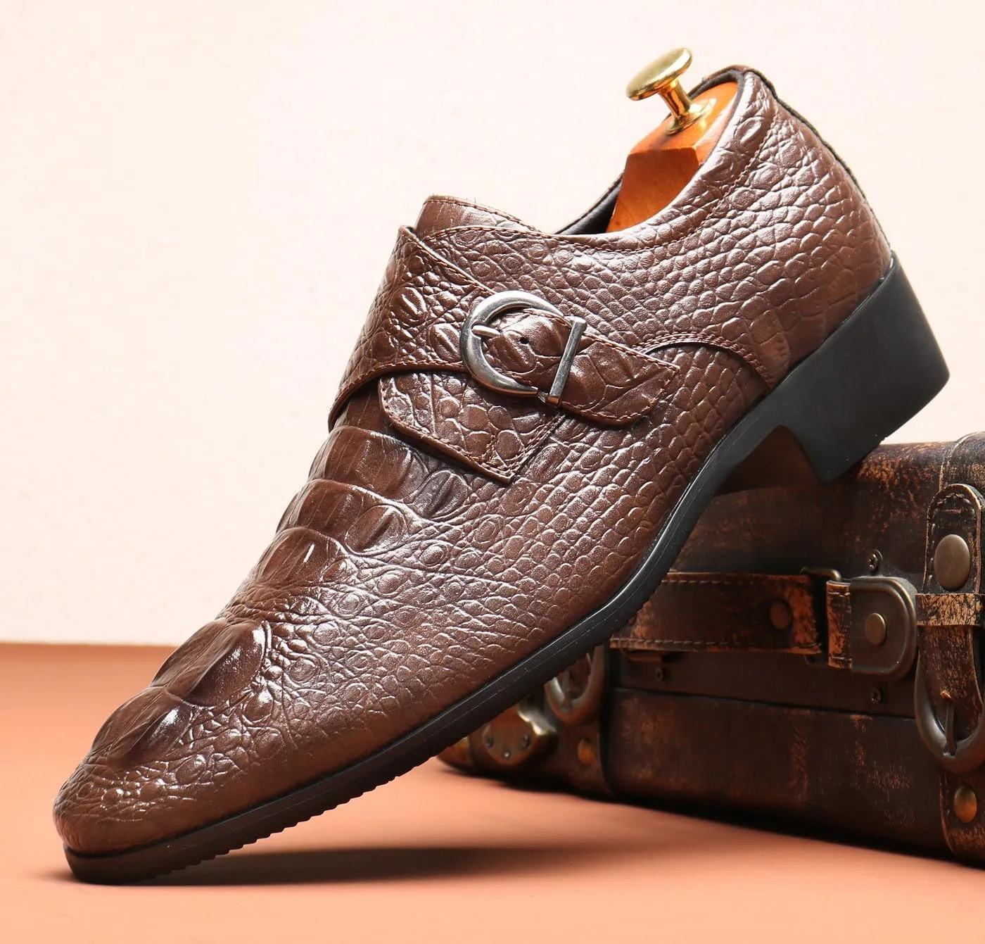 Mens Loafers Casual Dress Leather Buckle Loafers Prom Wedding Fashion Crocodile Skin Texture Moccasins Business Tuxedo Shoes for Men