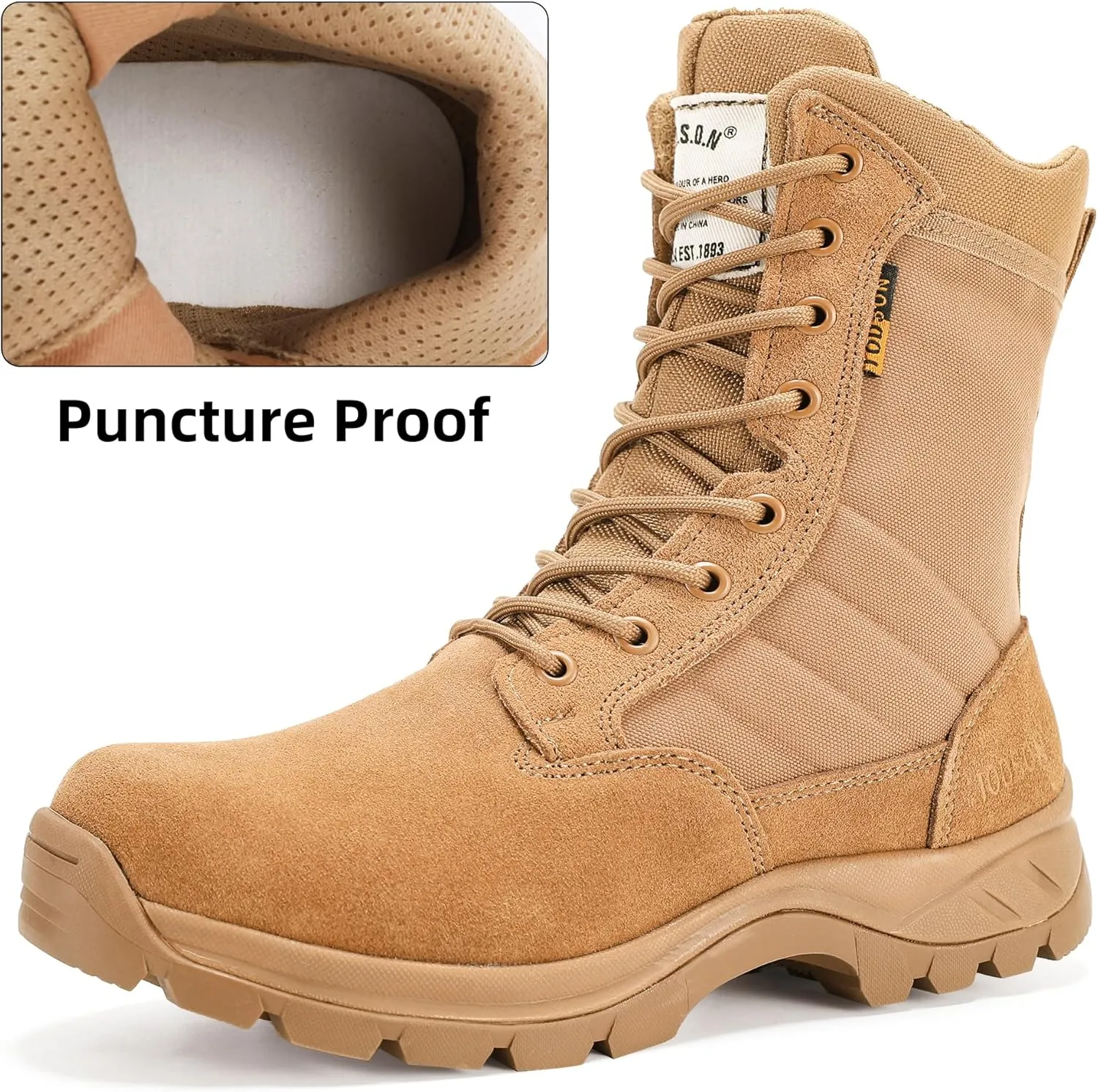 Men's Military Tactical Boots with Side Zipper, Puncture Resistant, Desert Combat, Army Jungle, 8 Inch Lightweight Hiking Boots