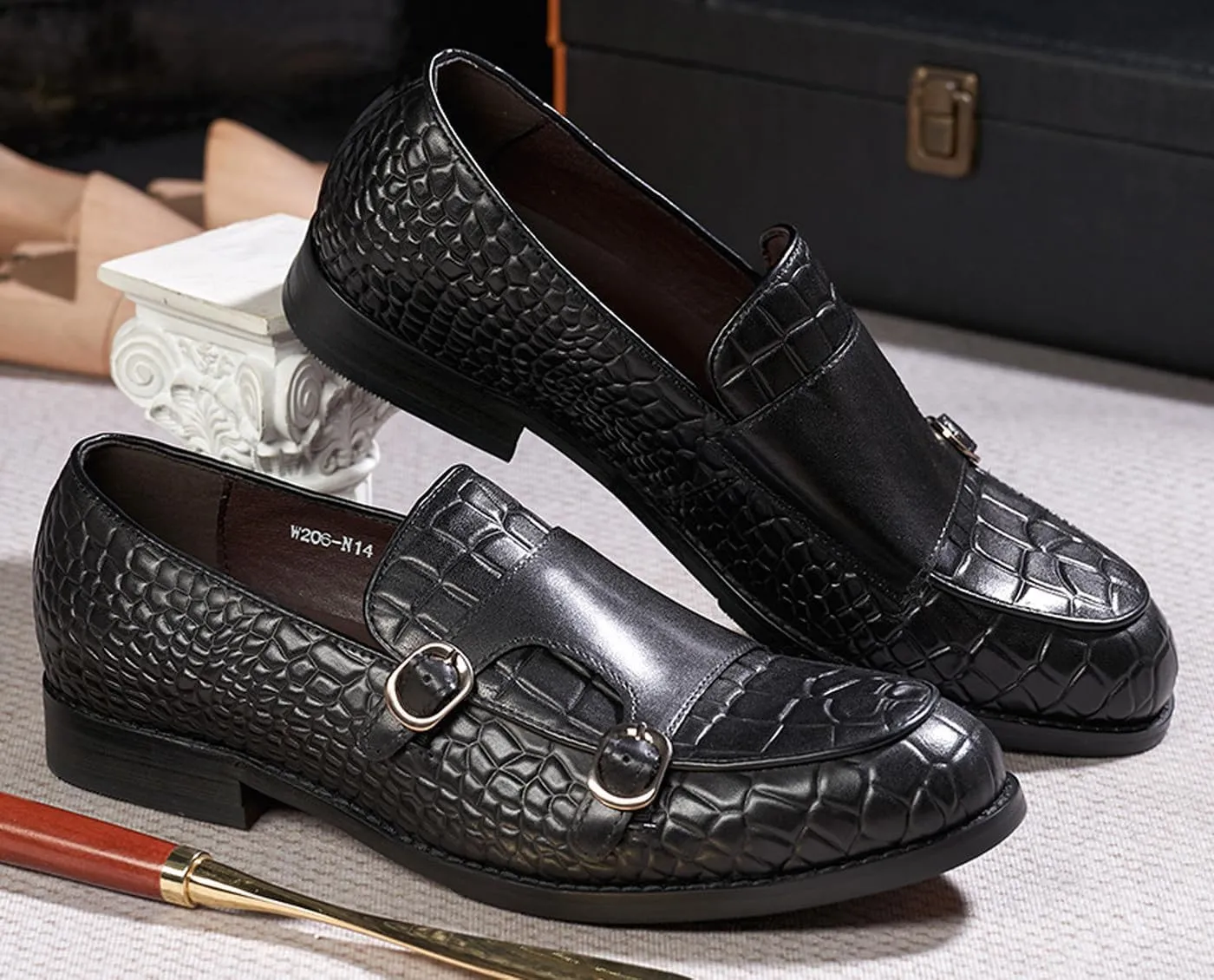 Mens Monk Strap Loafers Formal Dress Shoes Genunie Leather Wingtip Toe Mocasines Business Casual Prom Wedding Suit Shoes Comfortable Fashion Tuxedo Crocodile Embossing Shoes for Men