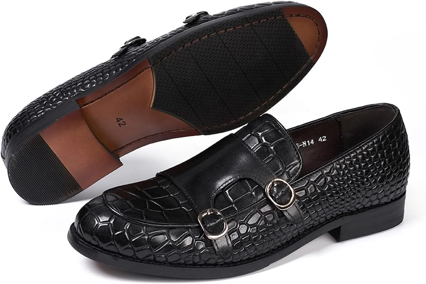 Mens Monk Strap Loafers Formal Dress Shoes Genunie Leather Wingtip Toe Mocasines Business Casual Prom Wedding Suit Shoes Comfortable Fashion Tuxedo Crocodile Embossing Shoes for Men