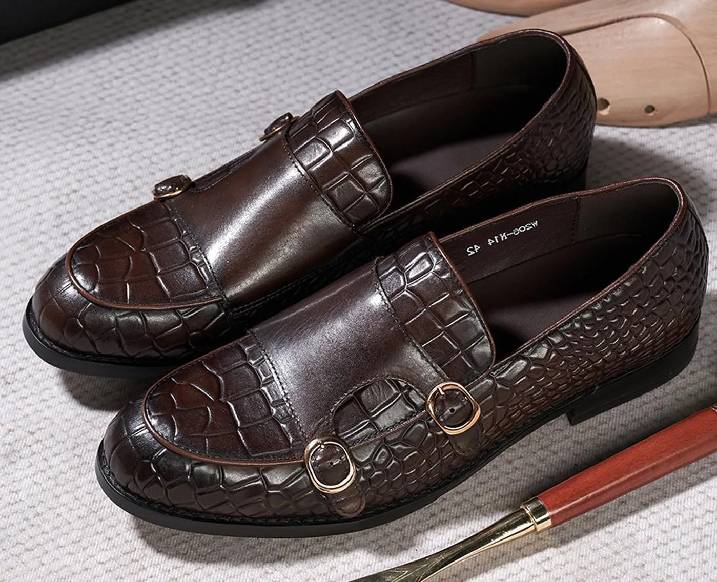 Mens Monk Strap Loafers Formal Dress Shoes Genunie Leather Wingtip Toe Mocasines Business Casual Prom Wedding Suit Shoes Comfortable Fashion Tuxedo Crocodile Embossing Shoes for Men