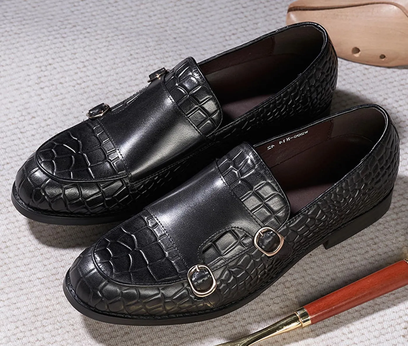 Mens Monk Strap Loafers Formal Dress Shoes Genunie Leather Wingtip Toe Mocasines Business Casual Prom Wedding Suit Shoes Comfortable Fashion Tuxedo Crocodile Embossing Shoes for Men