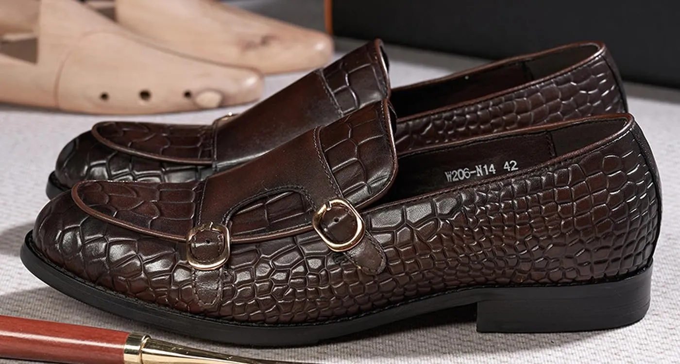 Mens Monk Strap Loafers Formal Dress Shoes Genunie Leather Wingtip Toe Mocasines Business Casual Prom Wedding Suit Shoes Comfortable Fashion Tuxedo Crocodile Embossing Shoes for Men