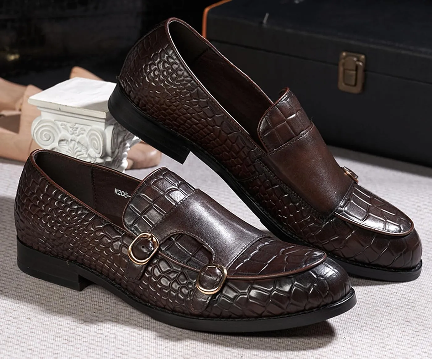 Mens Monk Strap Loafers Formal Dress Shoes Genunie Leather Wingtip Toe Mocasines Business Casual Prom Wedding Suit Shoes Comfortable Fashion Tuxedo Crocodile Embossing Shoes for Men