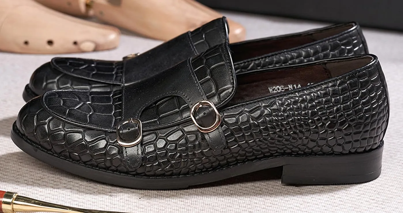 Mens Monk Strap Loafers Formal Dress Shoes Genunie Leather Wingtip Toe Mocasines Business Casual Prom Wedding Suit Shoes Comfortable Fashion Tuxedo Crocodile Embossing Shoes for Men