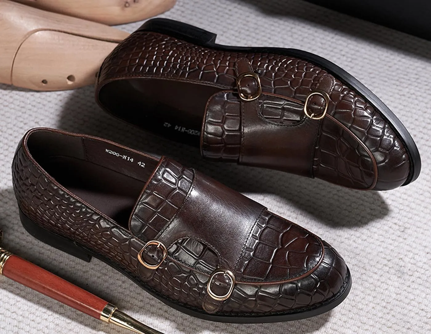 Mens Monk Strap Loafers Formal Dress Shoes Genunie Leather Wingtip Toe Mocasines Business Casual Prom Wedding Suit Shoes Comfortable Fashion Tuxedo Crocodile Embossing Shoes for Men