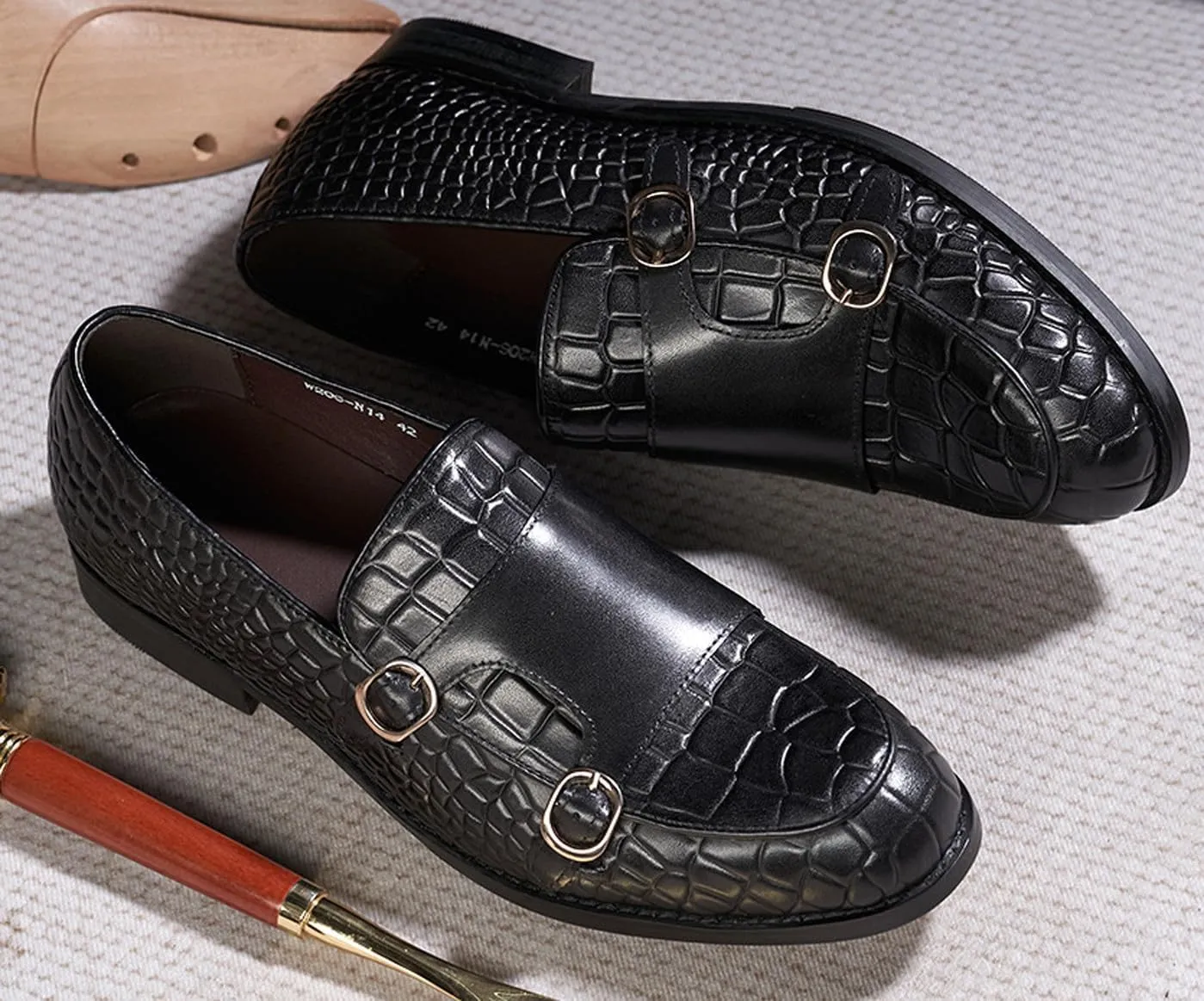 Mens Monk Strap Loafers Formal Dress Shoes Genunie Leather Wingtip Toe Mocasines Business Casual Prom Wedding Suit Shoes Comfortable Fashion Tuxedo Crocodile Embossing Shoes for Men