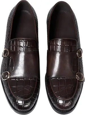 Mens Monk Strap Loafers Formal Dress Shoes Genunie Leather Wingtip Toe Mocasines Business Casual Prom Wedding Suit Shoes Comfortable Fashion Tuxedo Crocodile Embossing Shoes for Men