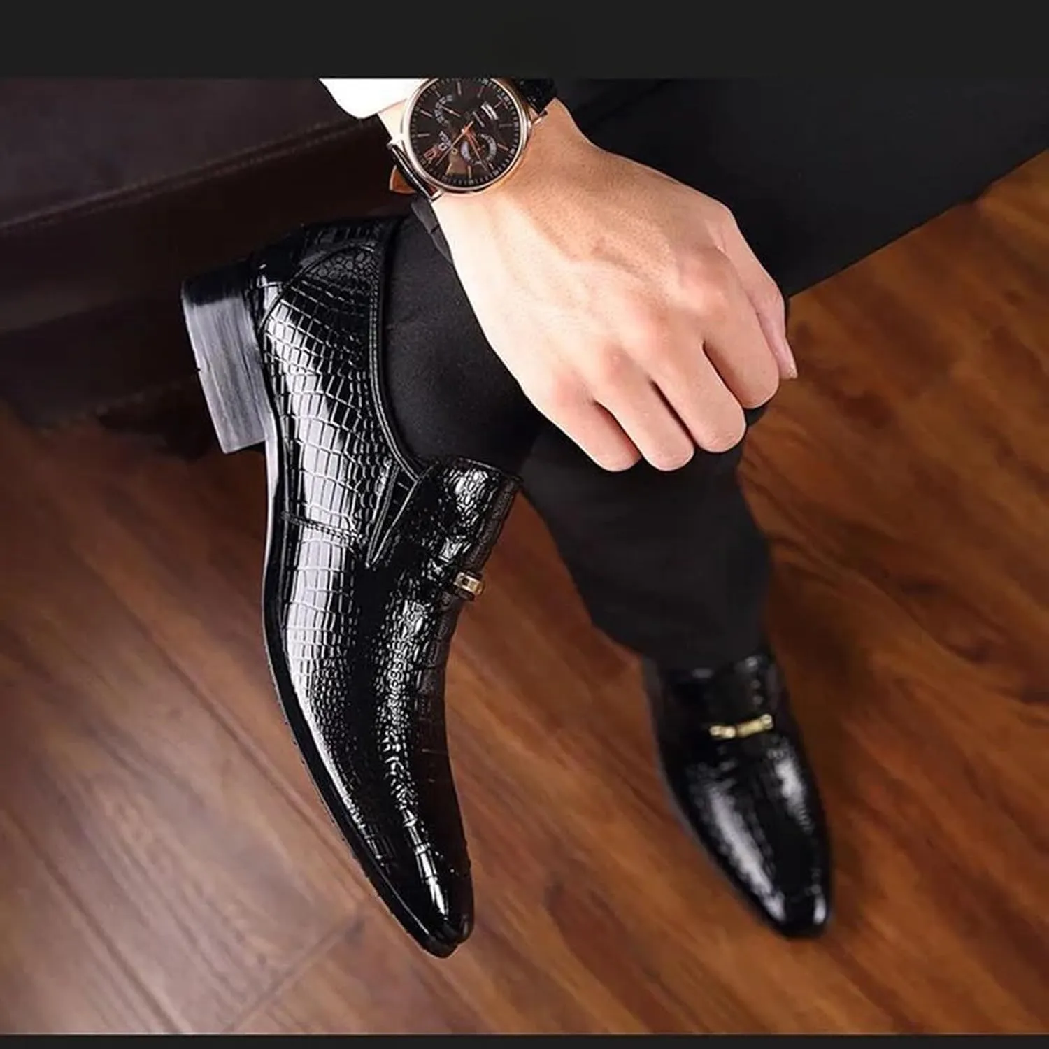 Mens Oxford Shoes Fashion Crocodile Printed Pull-on Pointed-Toe Formal Shoes Business Wedding Dress Shoes for Men