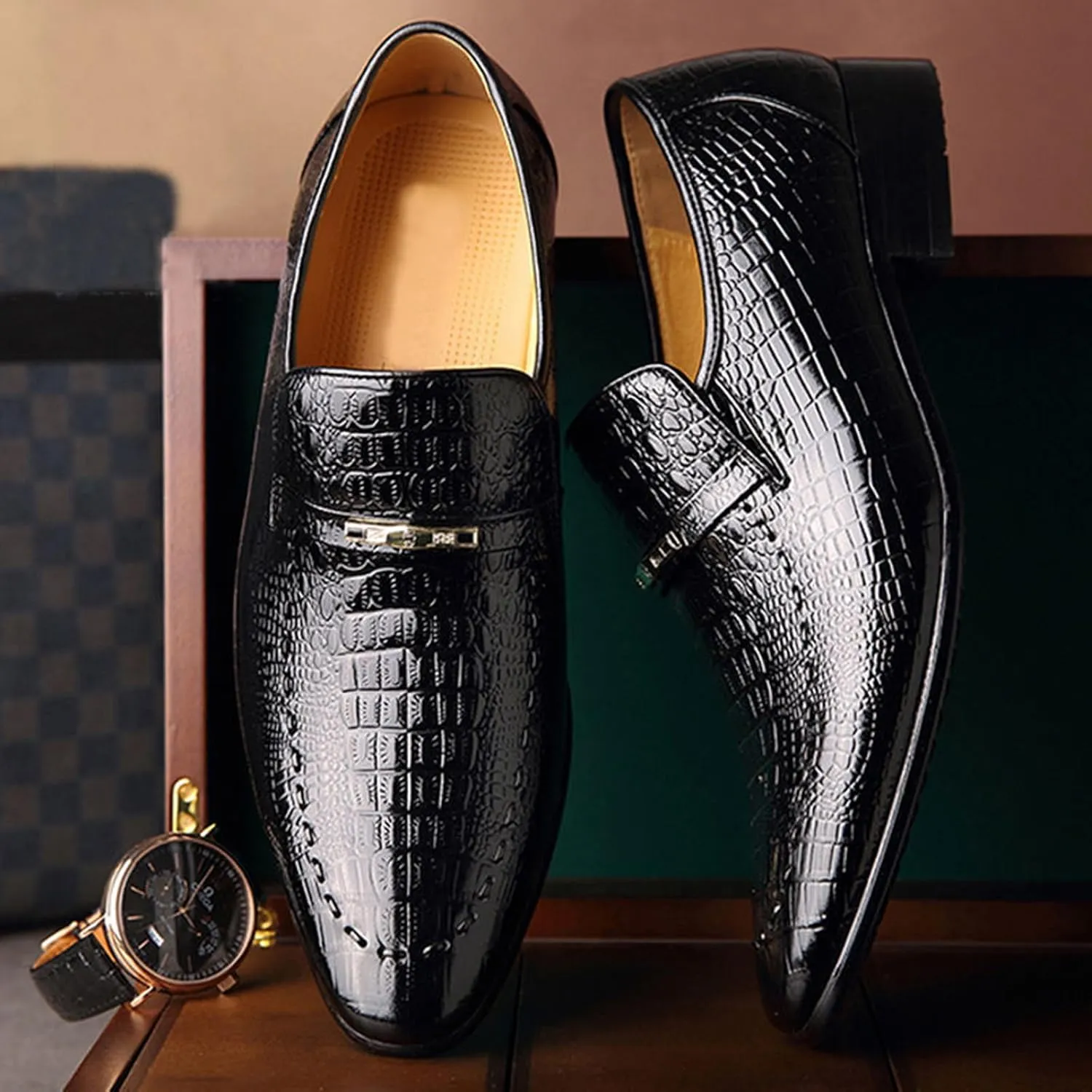 Mens Oxford Shoes Fashion Crocodile Printed Pull-on Pointed-Toe Formal Shoes Business Wedding Dress Shoes for Men