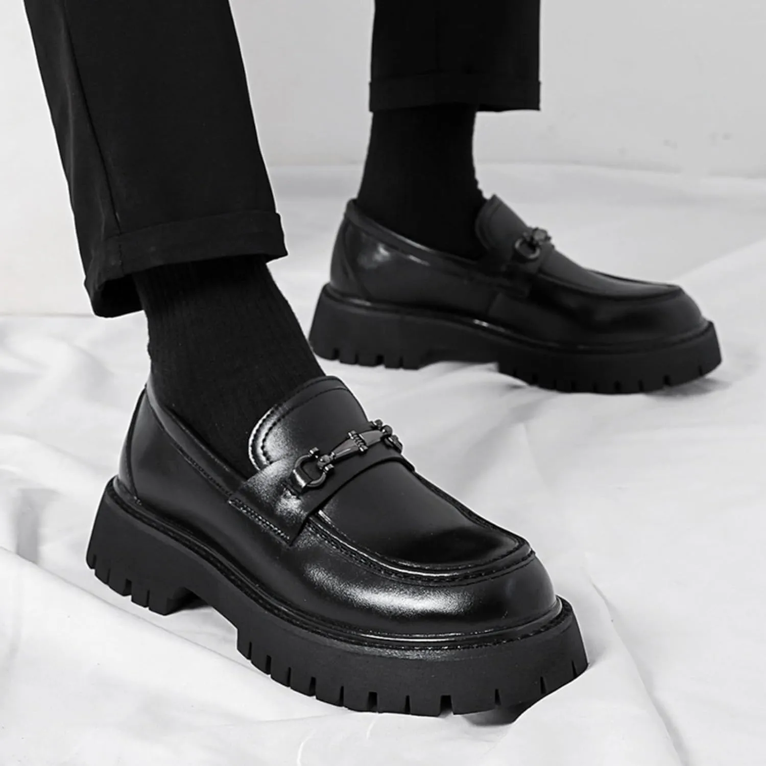 Mens Patent Leather Slip-On Platform Dress Horsebit Loafer Low Heels Round Toe Non-Slip Penny Shoes for Formal Business Wedding