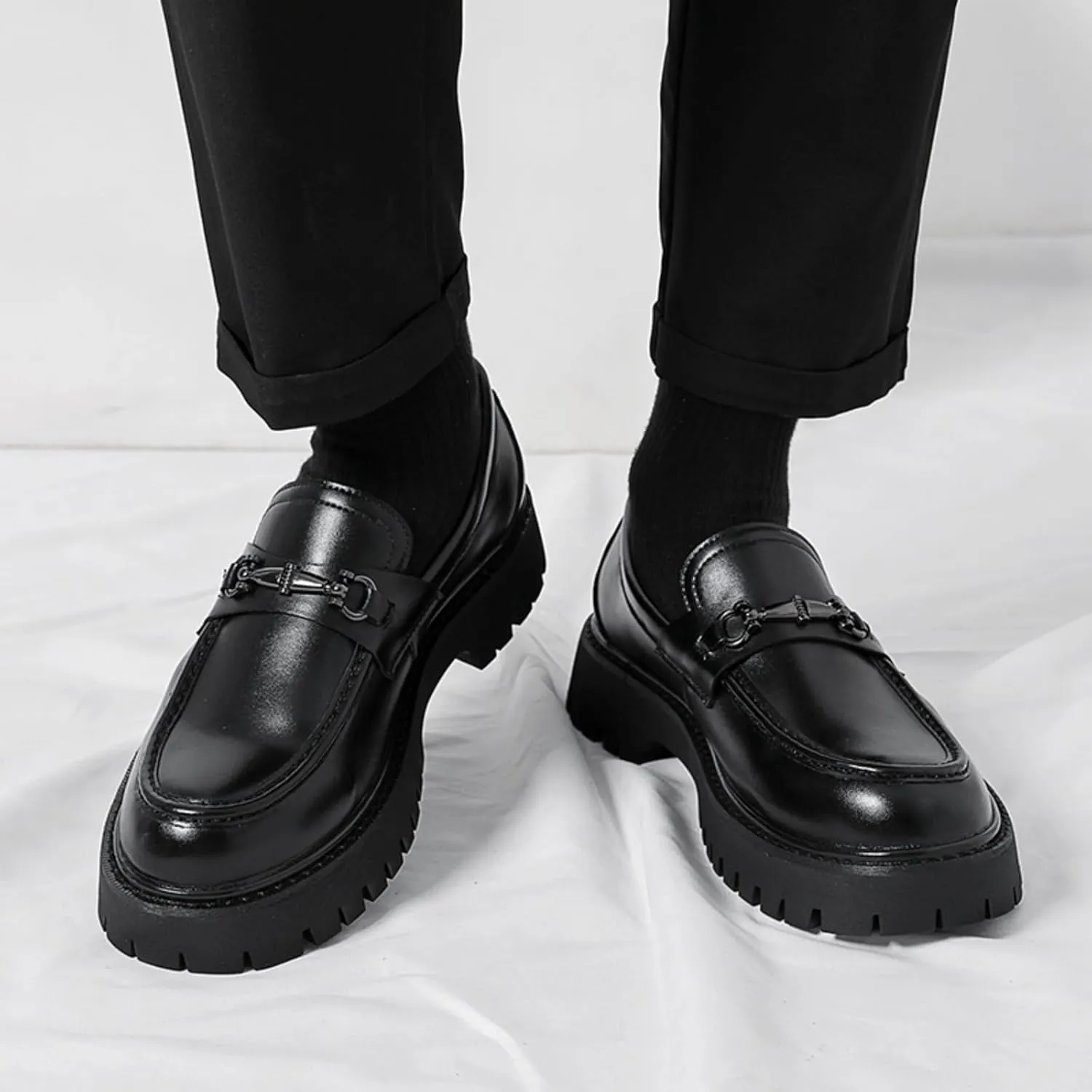 Mens Patent Leather Slip-On Platform Dress Horsebit Loafer Low Heels Round Toe Non-Slip Penny Shoes for Formal Business Wedding
