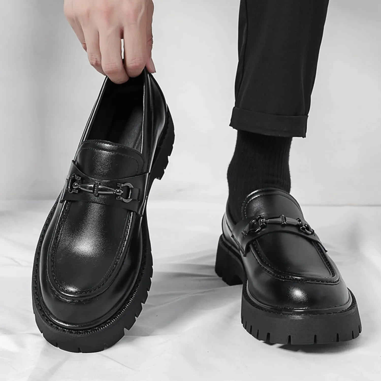 Mens Patent Leather Slip-On Platform Dress Horsebit Loafer Low Heels Round Toe Non-Slip Penny Shoes for Formal Business Wedding
