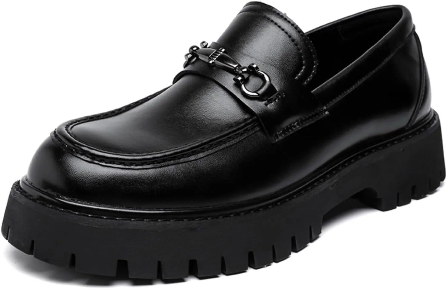 Mens Patent Leather Slip-On Platform Dress Horsebit Loafer Low Heels Round Toe Non-Slip Penny Shoes for Formal Business Wedding
