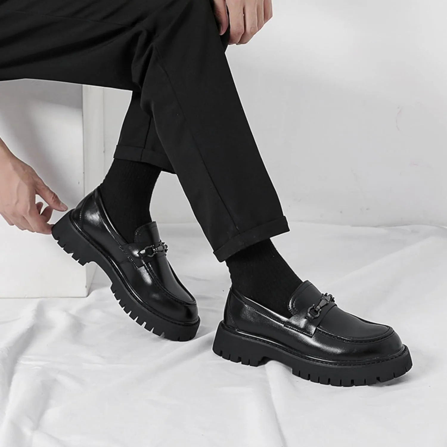 Mens Patent Leather Slip-On Platform Dress Horsebit Loafer Low Heels Round Toe Non-Slip Penny Shoes for Formal Business Wedding