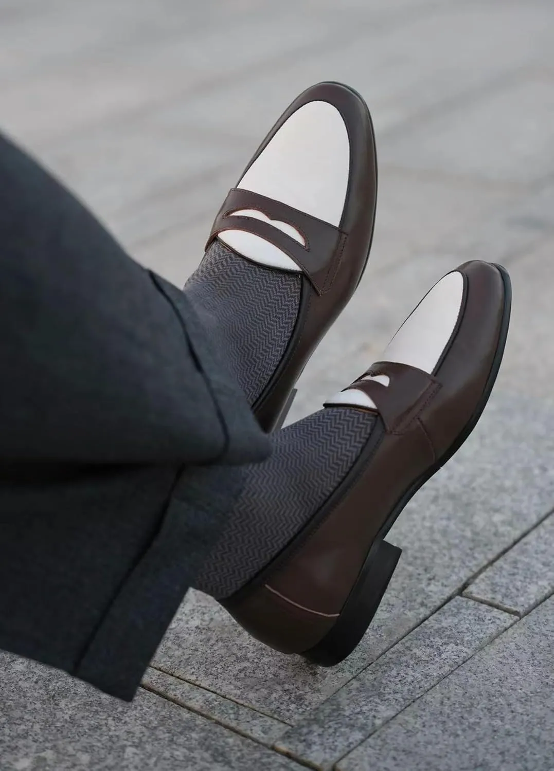 Mens Penny Loafers Slip On Causal Dress Shoes Fashion Modern Genuine Leather Two Tone Suit Shoes Prom Wedding Business MocasinesTuxedo Shoes for Men